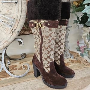 COACH LUCI Signature Brown Suede Leather Shearling Fur Boots 7M New